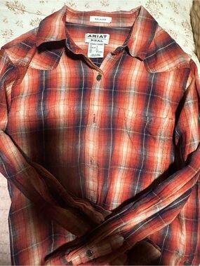 Ariat Womens Orange and Blue Plaid Relaxed Button-Down Shirt